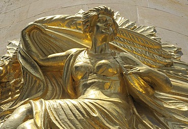 Golden statue of a woman on the Commerzbank building, Leipzig, Saxony, Germany, Europe
