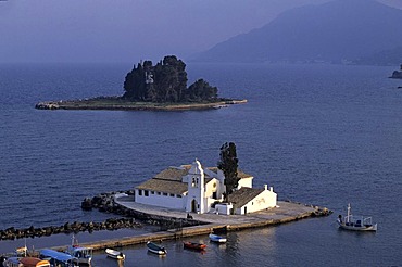 View of the Vlacherna Monastery from Kanoni, Corfu, Greece