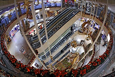 City Point department store, decorated for Christmas, shopping center, escalator, Nuremberg, Middle Franconia, Bavaria, Germany, Europe