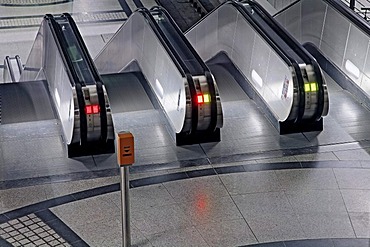 Subway station, moving stairways, night shot, Germany, North Rhine-Westphalia, Dortmund, Westfalenhallen