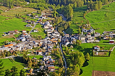 View of the cross formation of the town of Santa Maria in Val Muestair, Muenstertal, in Engadin, Graubuenden, Switzerland, Europe