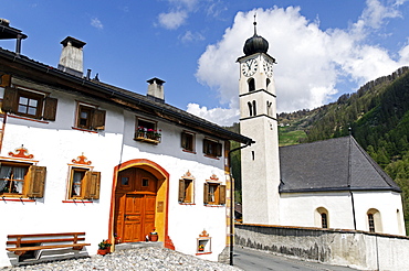 Village church in Valchava, Val Muestair, Muestertal, in Engadin, Graubuenden, Switzerland, Europe