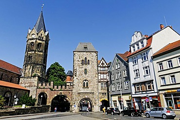 Nikolaitor Gate and Nikolaikirche Church at Karlsplatz Square in Eisenach, Thuringia, Germany, Europe