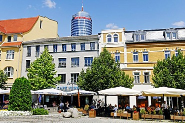 Cafe on Teichgraben in front of Jentower, Jena, Thuringia, Germany, Europe