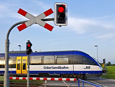 Oderlandbahn train crossing a railway-crossing, Brandenburg, Germany, Europe