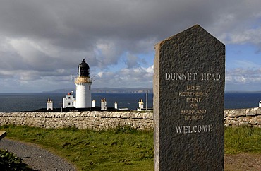 Stone tablet at Dunnet Head, the northern most point of the Scottish mainland, at back a lighthouse from 1832, Scotland, United Kingdom, Europe