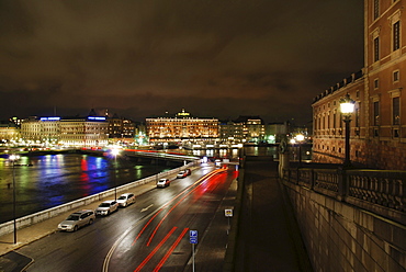 Nighttime view of Blasieholmen and the Grand Hotel in Stockholm, Sweden, Scandinavia, Europe