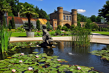 Botanical garden with old gate building, castle grounds, Karlsruhe, Baden-Wuerttemberg, Germany