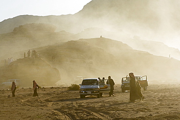 Bedouins at a camel race in the desert, Wadi Rum, Jordan, Middle East