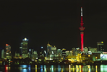 Skyline of Auckland at night, Auckland, North Island, New Zealand