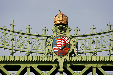 Hungarian coat of arms with crown on the Liberty bridge, Budapest, Hungary, Europe