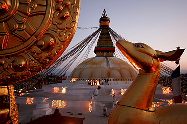 Stupa at dusk in Bodnath, a northeastern suburb of Kathmandu, Nepal, Asia