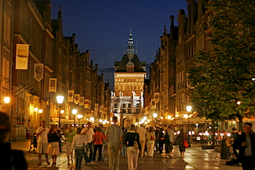 Pedestrian street and the Golden Gate at night, Gdansk, Poland, Europe