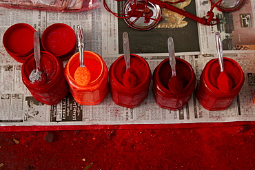 Red colours at a vendor's booth (important element of Hinduism) in Kolkata, West Bengal, India, Asia