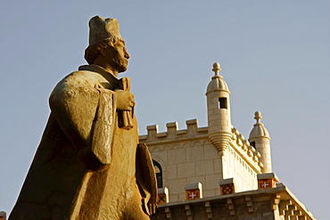 Monument to Alfonso Diogo and the Torre de Belem tower in Mindelo on Sao Vicente Island, Cape Verde Islands, Cape Verde, Africa