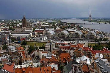 Aerial photograph of the historic city centre of Riga with market halls, Latvian Academy of Sciences, known as Stalins Birthday Cake, Daugava River and the television tower, Riga, Latvia, Baltic region, Europe