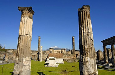 Temple of Apollo in front of the snow-capped Mount Vesuvius Volcano, Pompeii, Italy, Europe