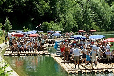 Rafts in the Flossgasse, Muehltal near Munich, Upper Bavaria, Bavaria, Germany