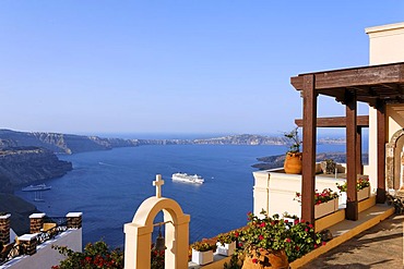 View from Hotel in Imerovigli to the caldera, Santorin, Aegean Sea, Greece, Europe