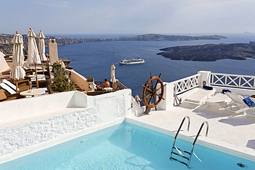 View from Hotel in Imerovigli to the caldera, Santorin, Aegean Sea, Greece, Europe