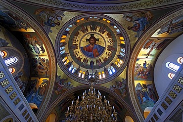 Interior of a greek orthodox church in Fira in Santorin in the Aegean, Greece