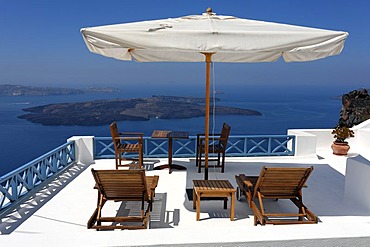 Terrace of a hotel in Imerovigli in Santorin in the Aegean, Greece