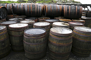 Barrels at a distillery on Islay Island, Inner Hebrides, Scotland, UK, Europe