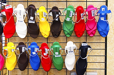 Women's shoes at a shop, shopping street, Seville, Andalusia, Spain