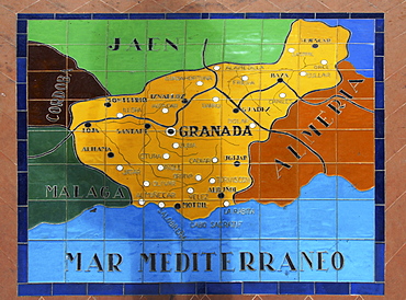 Map showing parts of Spain on ceramic tiles at the Palacio de Espana, Seville, Andalusia, Spain