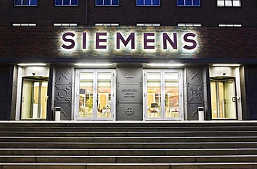 Wernerwerk multistrory building in the evening, entrance, sign, Siemens AG, Berlin, Germany.