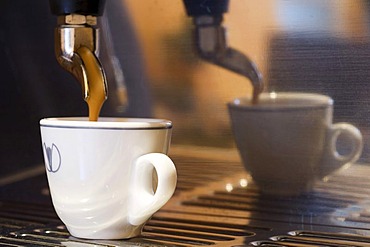 A cup of coffee is prepared with an espresso machine