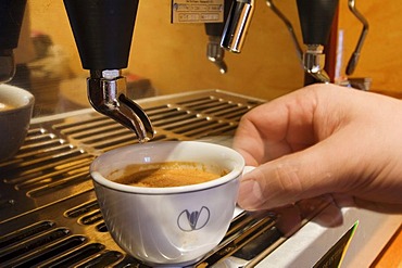 A cup of coffee is prepared with an espresso machine