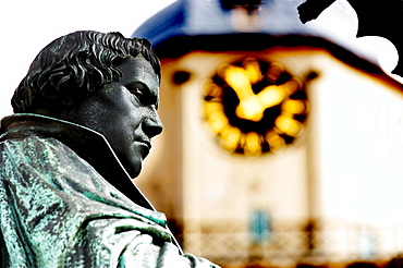 Statue of the reformer Martin Luther on the town hall market in Wittenberg, Saxonia-Anhalt, Germany