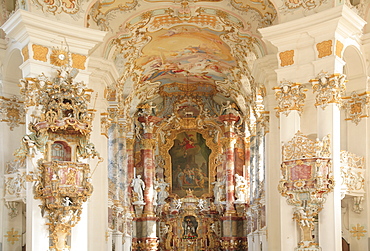 Altar and interiors, Wies Church, pilgrimage church of the scourged Savior, County Steingaden, Pfaffenwinkel, Bavaria, Germany, Europe