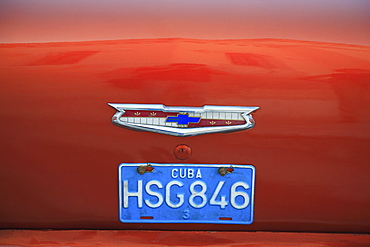 Cuban licence plate on a vintage car in Havana, Cuba, Caribbean