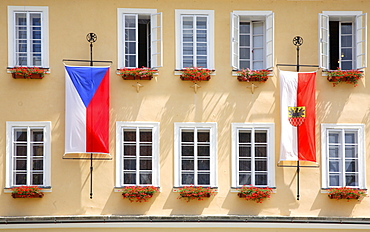 City Hall facade with flags on the market square of Cheb, Eger, Egerland, Czech Republic, Europe