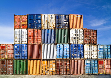 Various shipping containers, stacked