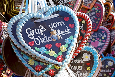 Hearts made of gingerbread on the Munich Oktoberfest Bavaria Germany