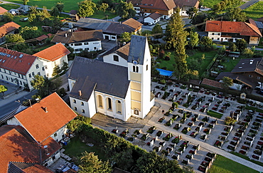 Aerial photo of the church of Willing near Bad Aibling with its cemetry Bavaria Germany