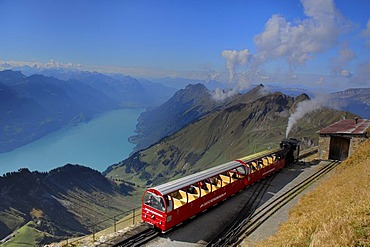 Steam train of the Brienzer Rothorn with view onto the Brienzer Lake, Interlaken, Bernese Oberland, Switzerland