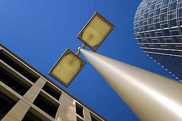 Streetlamp between modern and older architecture, Pariser Platz, Stuttgart, Baden-Wuerttemberg, Germany