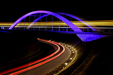 Bridge with light trails at night, Stuttgart, Baden-Wuerttemberg, Germany, Europe