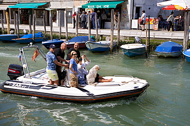 People and a dog on a boat, Murano, Lagoon, Venice, Italy, Europe