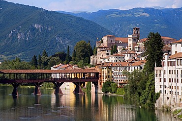 View of the city, Brenta River, Alpini's Bridge, Bassano del Grappa, Veneto, Italy, Europe