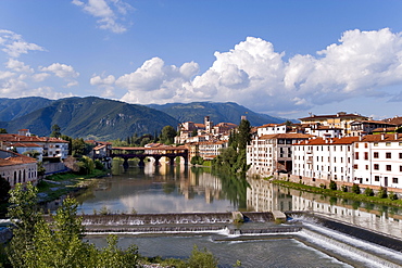 View of the city, Brenta River, Alpini's Bridge, Bassano del Grappa, Veneto, Italy, Europe