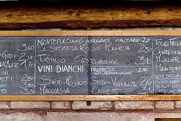 Wineboard in the Osteria BancoGiro bar, Venice, Venezia, Italy, Europe