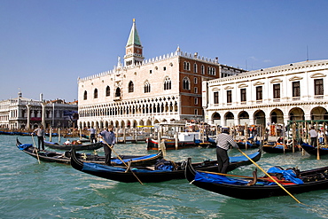 Gondolas in front of Palazzo Ducale di Venezia, Doge's Palace, Venice, Italy, Europe