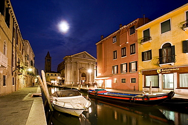 Full moon over a canal and a church, San Barnaba, Venezia, Venice, Italy, Europe