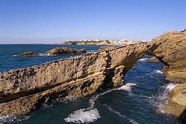 Rocky coast and St. Martin Lighthouse, Biarritz, Basque country, Southern France, France, Europe