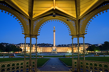 View of Jubilaeumssaeule, Jubilee Column, Schlossplatz Square and lit-up New Castle, Stuttgart, Baden-Wuerttemberg, Germany, Europe